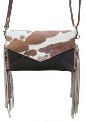 Klassy Cowgirl Dark Leather Crossbody Bag with Brown and White hair on cowhide